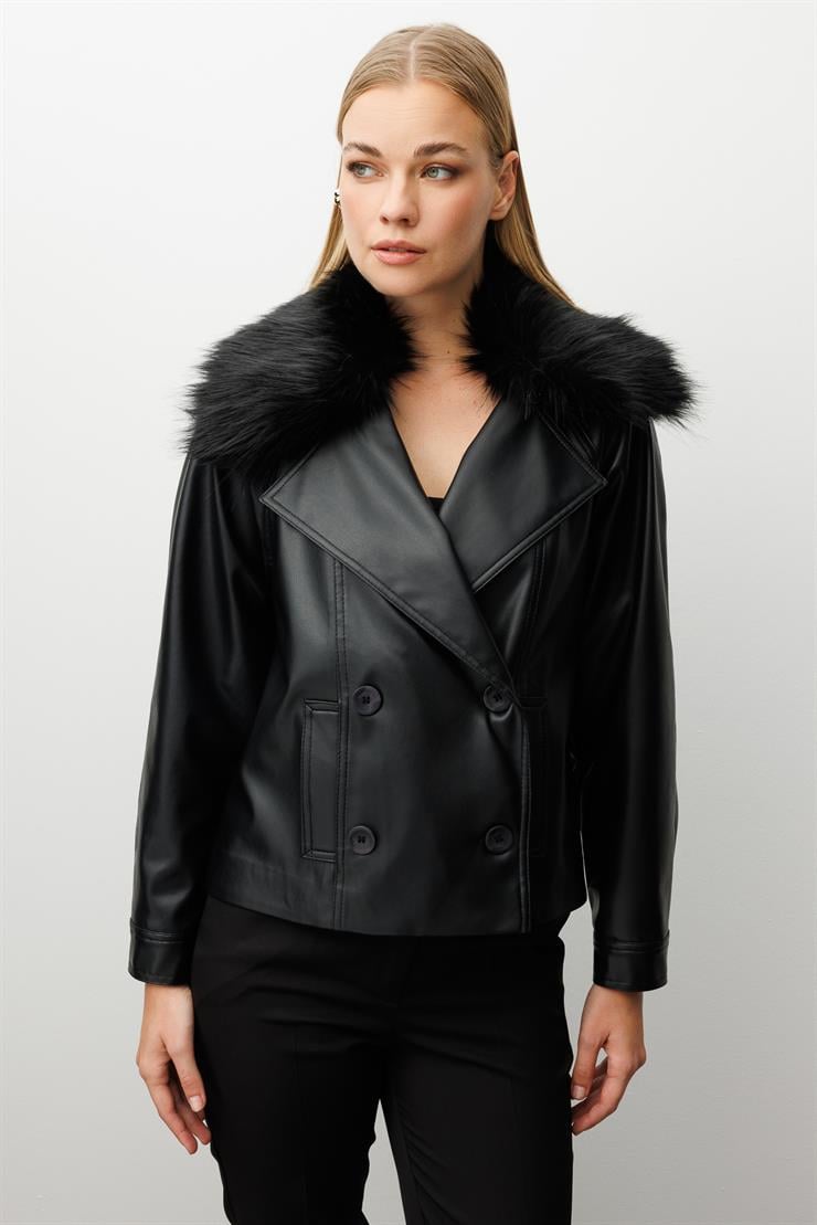 Modailgi  Reglan Kol Kruvaze Kapama Yakası Seyyar Kürk Aksesuarlı Kısa Deri Ceket Siyah
