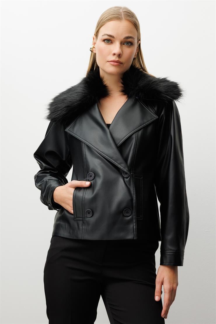 Modailgi  Reglan Kol Kruvaze Kapama Yakası Seyyar Kürk Aksesuarlı Kısa Deri Ceket Siyah