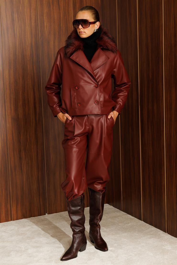 Modailgi  Reglan Kol Kruvaze Kapama Yakası Seyyar Kürk Aksesuarlı Kısa Deri Ceket Bordo