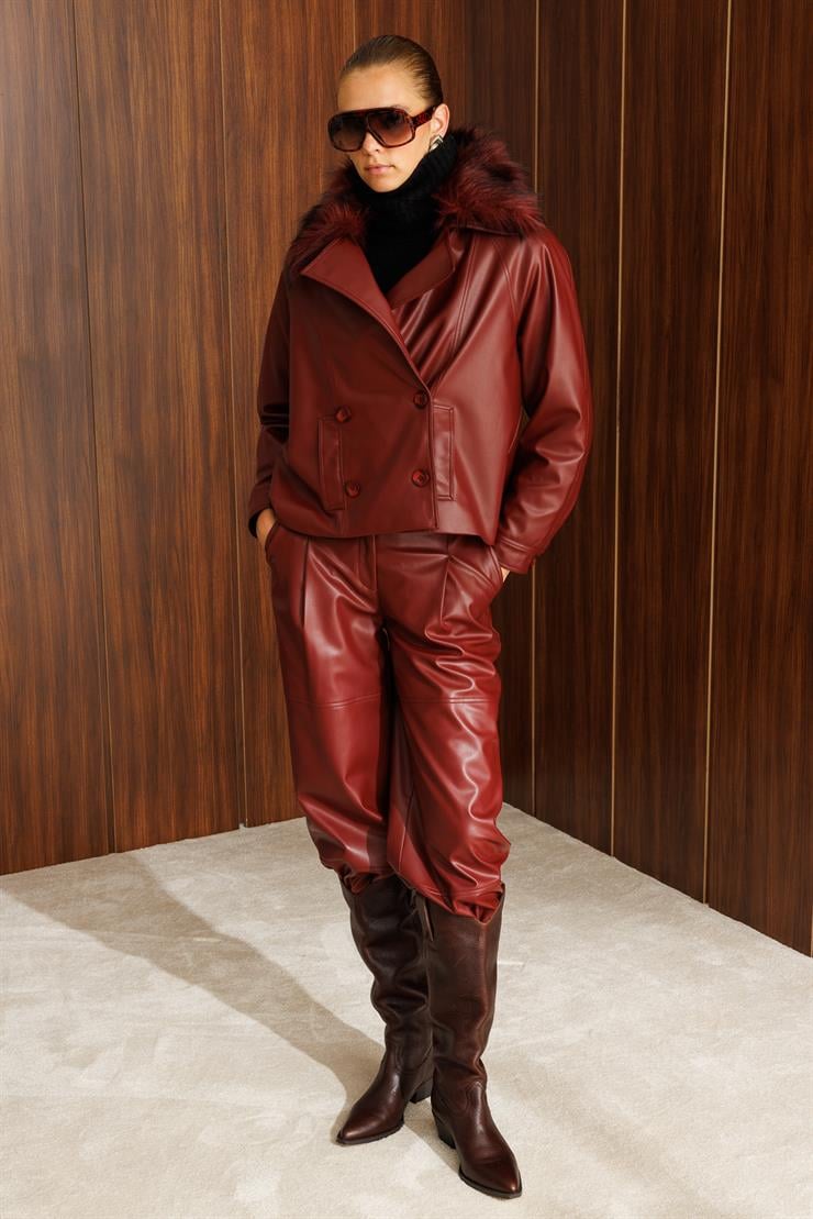 Modailgi  Reglan Kol Kruvaze Kapama Yakası Seyyar Kürk Aksesuarlı Kısa Deri Ceket Bordo