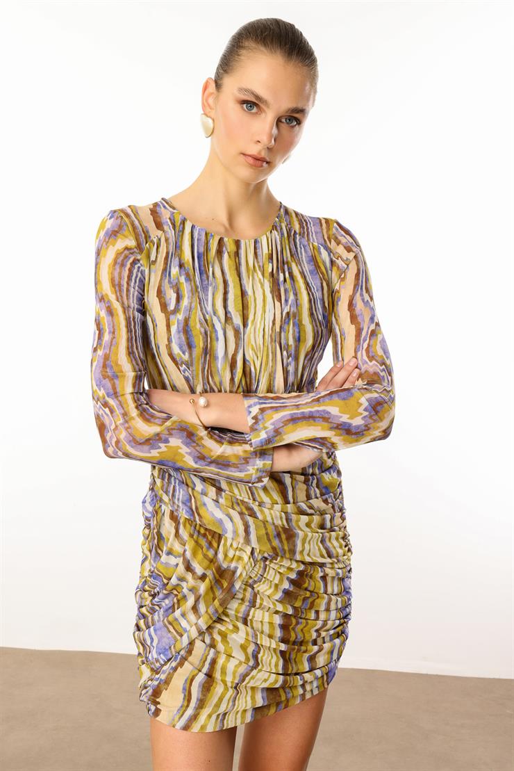 Modailgi  Reglan Kol Yuvarlak Yaka Büzgülü Kısa Tül Elbise Asit