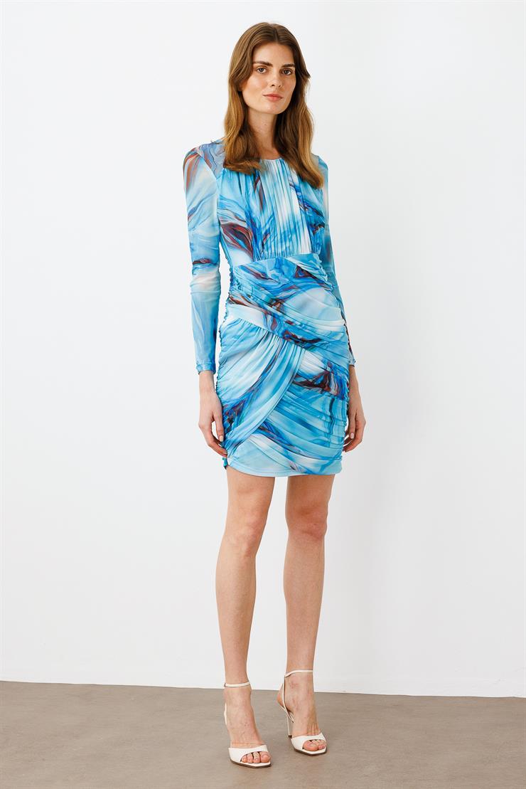 Modailgi  Reglan Kol Yuvarlak Yaka Büzgülü Kısa Tül Elbise Mavi