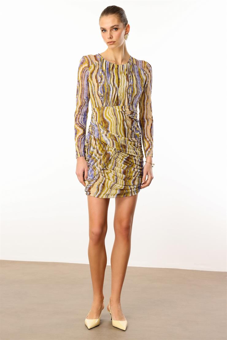 Modailgi  Reglan Kol Yuvarlak Yaka Büzgülü Kısa Tül Elbise Asit