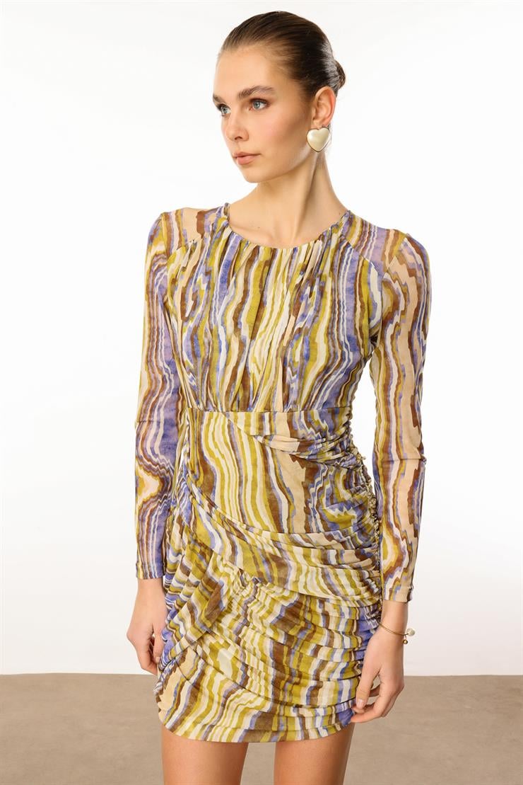 Modailgi  Reglan Kol Yuvarlak Yaka Büzgülü Kısa Tül Elbise Asit