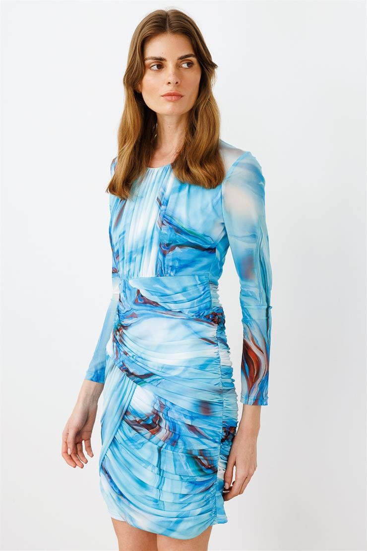 Modailgi  Reglan Kol Yuvarlak Yaka Büzgülü Kısa Tül Elbise Mavi