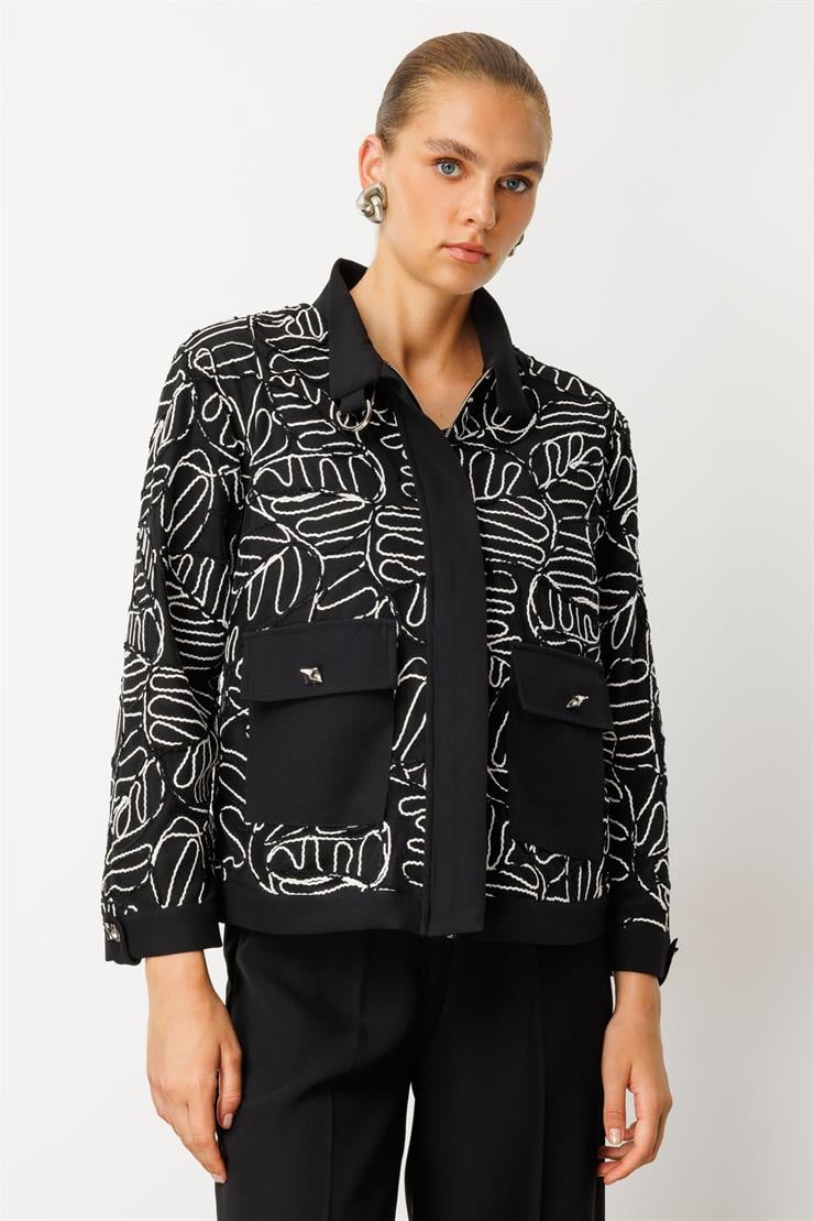 Modailgi  Ribana Detaylı İçlik Kaplamalı Düğme Kapamalı Kordone Ceket Siyah