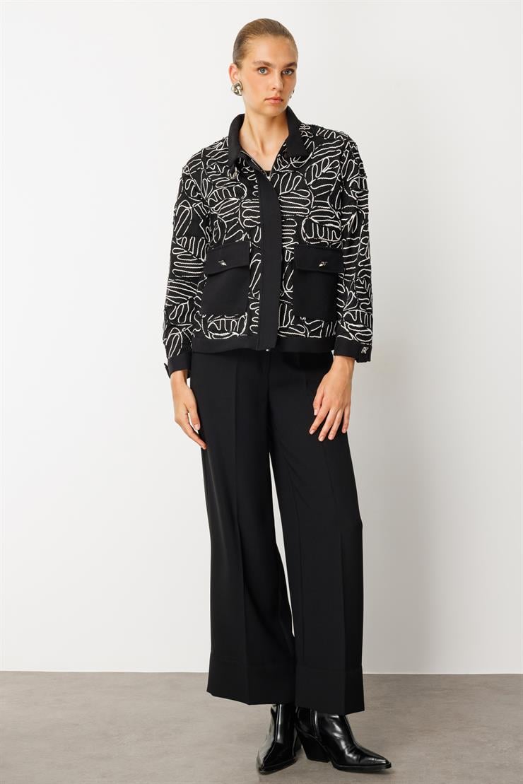 Modailgi  Ribana Detaylı İçlik Kaplamalı Düğme Kapamalı Kordone Ceket Siyah