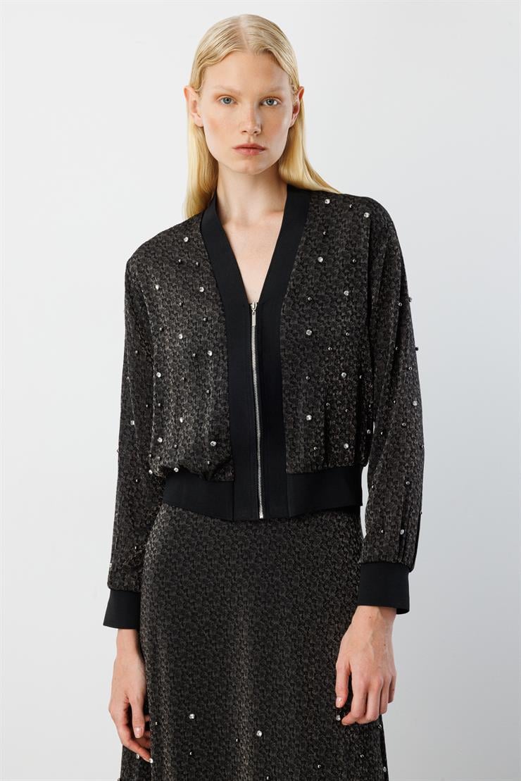 Modailgi  Ribana Ve Düz Kumaş Garni Detaylı Fermuar Kapamalı Kısa Gömlek - 30038 Siyah