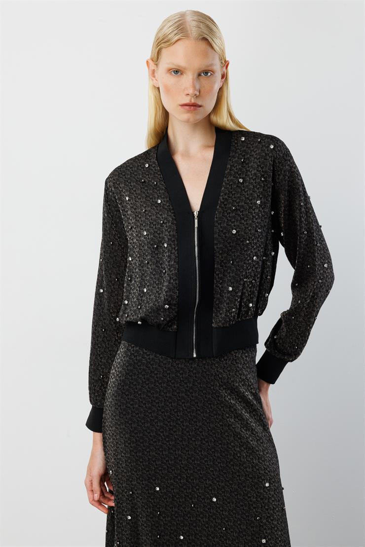 Modailgi  Ribana Ve Düz Kumaş Garni Detaylı Fermuar Kapamalı Kısa Gömlek - 30038 Siyah