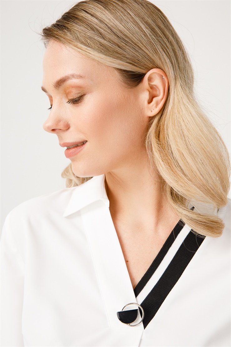 Modailgi  Ribanalı V Yaka Bluz Ekru