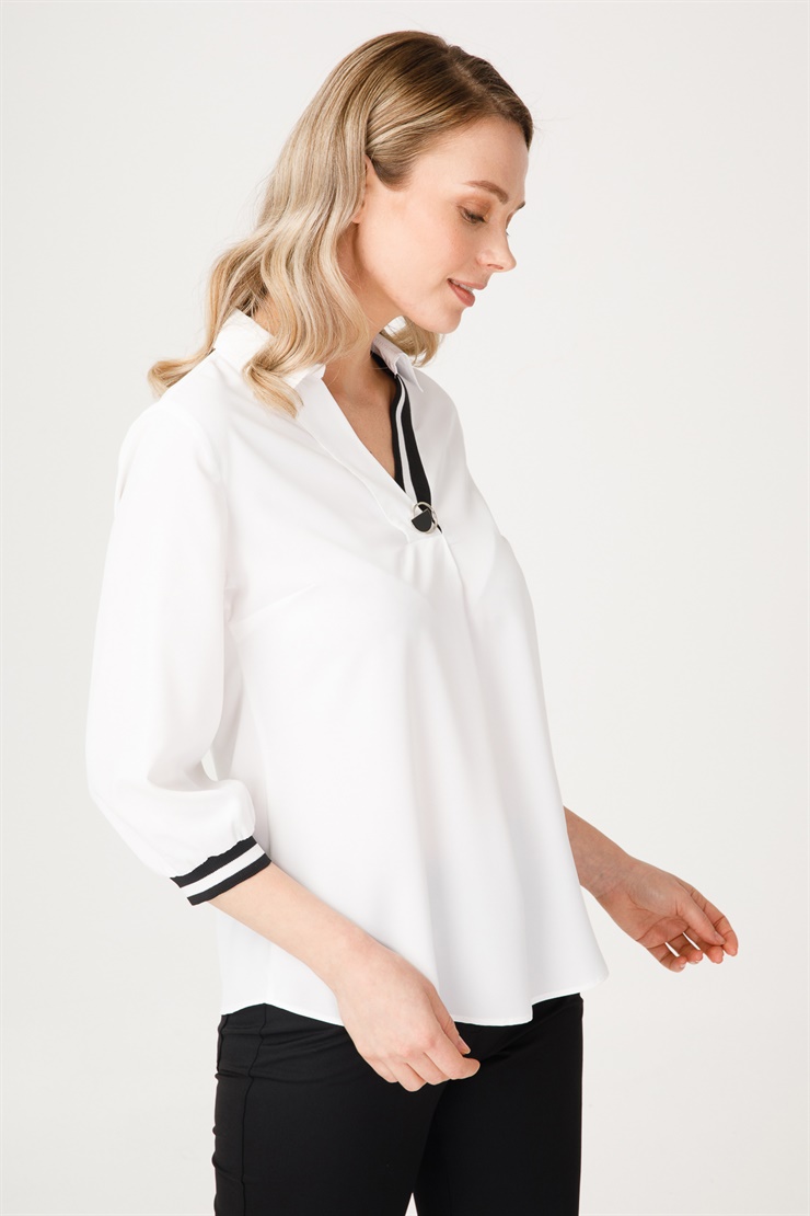 Modailgi  Ribanalı V Yaka Bluz Ekru