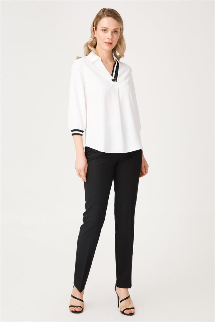 Modailgi  Ribanalı V Yaka Bluz Ekru