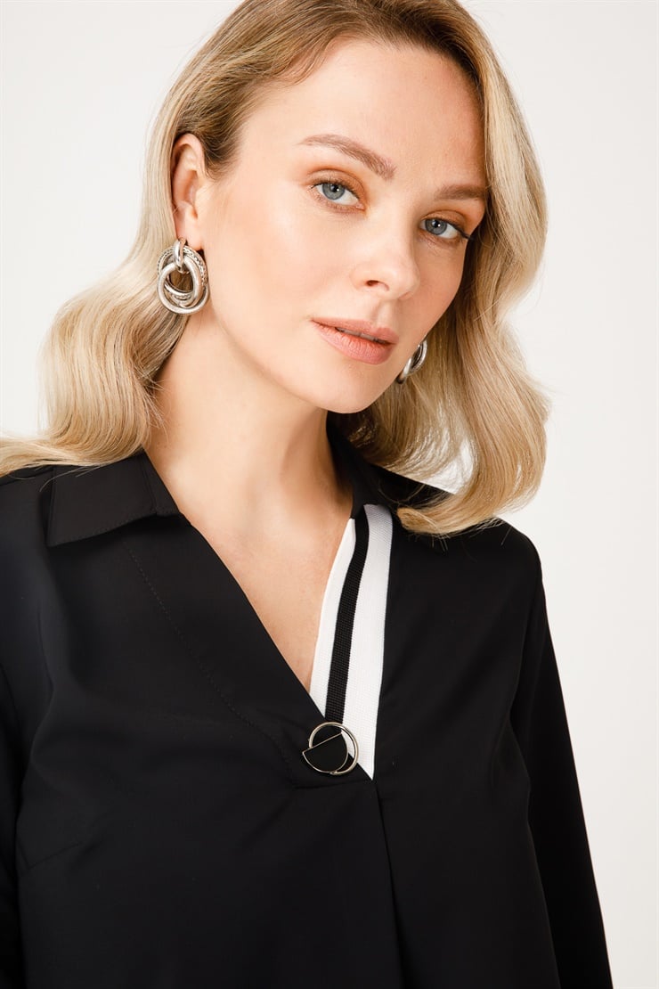 Modailgi  Ribanalı V Yaka Bluz Siyah