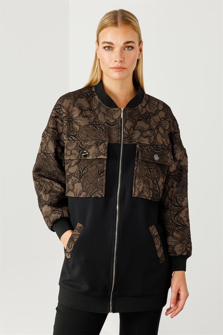 Modailgi  Ribanalı ve Düz Kumaş Garnili Fermuarlı Sıfır Yaka Jakar Mont Kahve