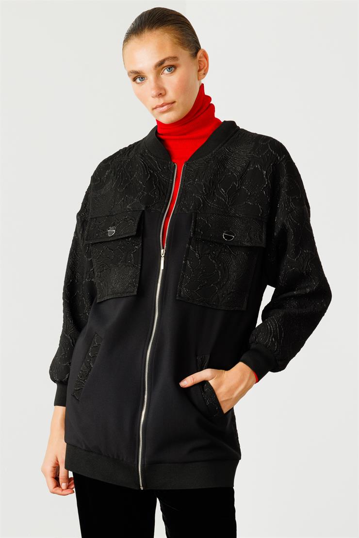 Modailgi  Ribanalı ve Düz Kumaş Garnili Fermuarlı Sıfır Yaka Jakar Mont Siyah