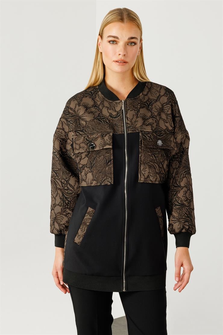 Modailgi  Ribanalı ve Düz Kumaş Garnili Fermuarlı Sıfır Yaka Jakar Mont Kahve