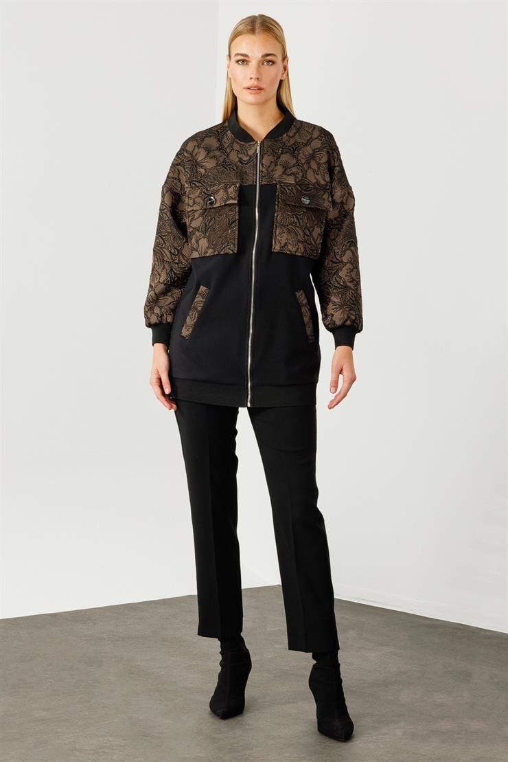 Modailgi  Ribanalı ve Düz Kumaş Garnili Fermuarlı Sıfır Yaka Jakar Mont Kahve