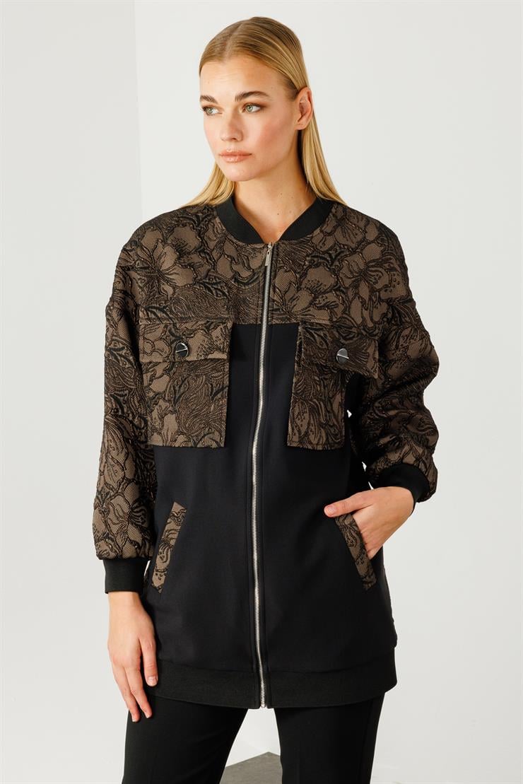 Modailgi  Ribanalı ve Düz Kumaş Garnili Fermuarlı Sıfır Yaka Jakar Mont Kahve