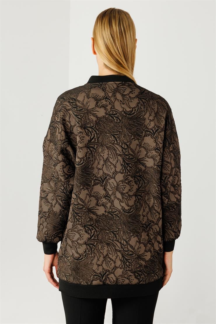 Modailgi  Ribanalı ve Düz Kumaş Garnili Fermuarlı Sıfır Yaka Jakar Mont Kahve