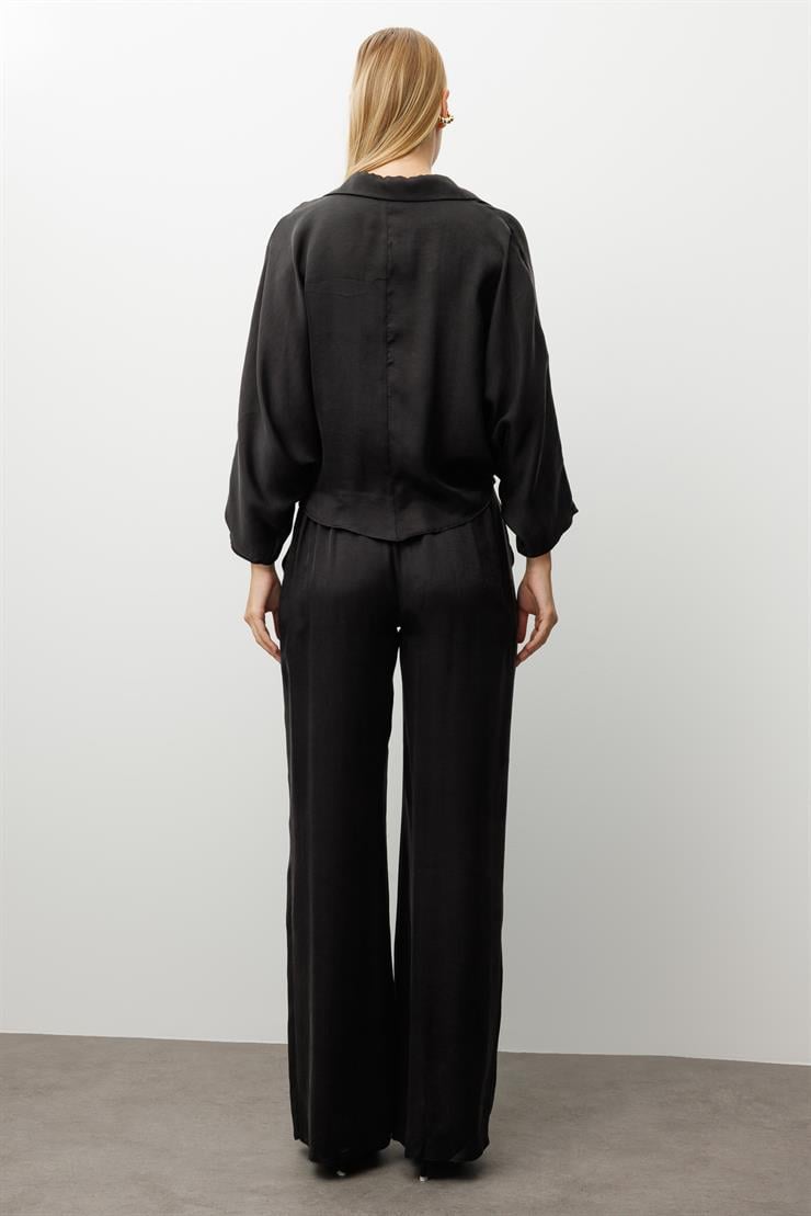 Modailgi  Rivet Detaylı Arkası Lastikli Büzgü Ve Yan Cepli Yüksel Bel Pantolon - 10025 Siyah