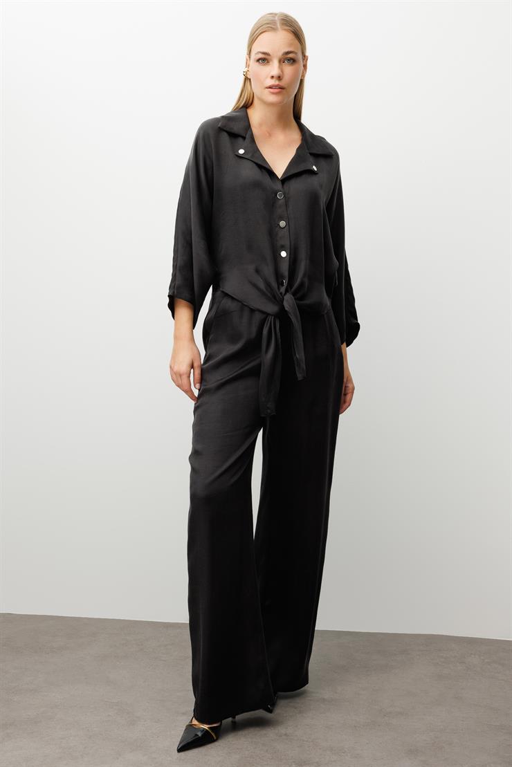 Modailgi  Rivet Detaylı Arkası Lastikli Büzgü Ve Yan Cepli Yüksel Bel Pantolon - 10025 Siyah