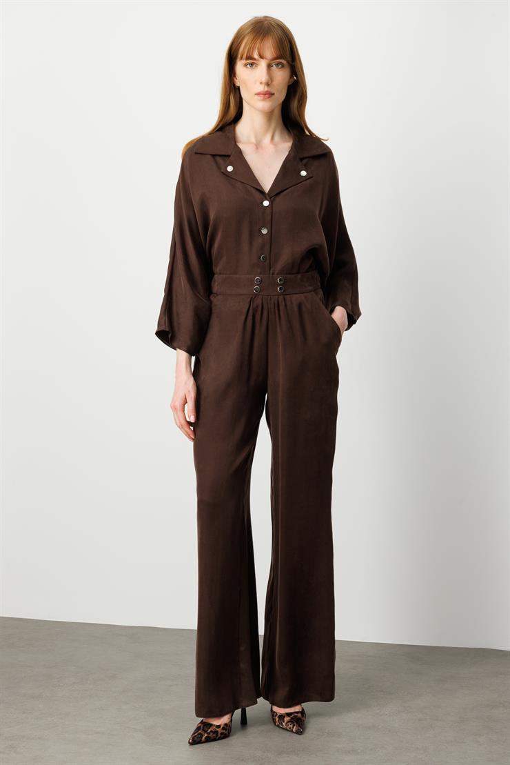 Modailgi  Rivet Detaylı Arkası Lastikli Büzgü Ve Yan Cepli Yüksel Bel Pantolon - 10025 Kahve