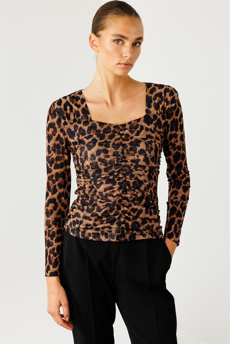 Modailgi  Robalı Önden Büzgülü Leopar Desen Bluz Vizon