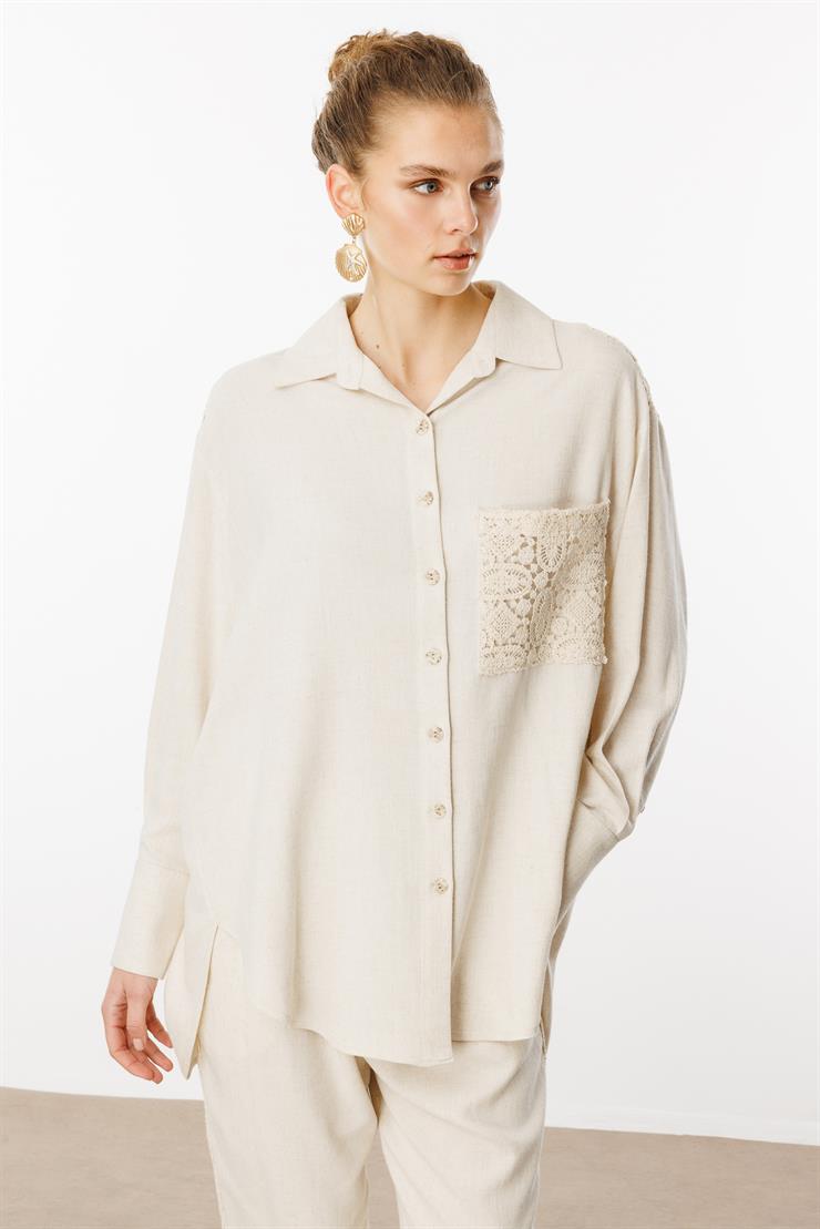 Modailgi  Robası ve Cebi Güpür Detaylı Oversize Keten Gömlek Orijinal