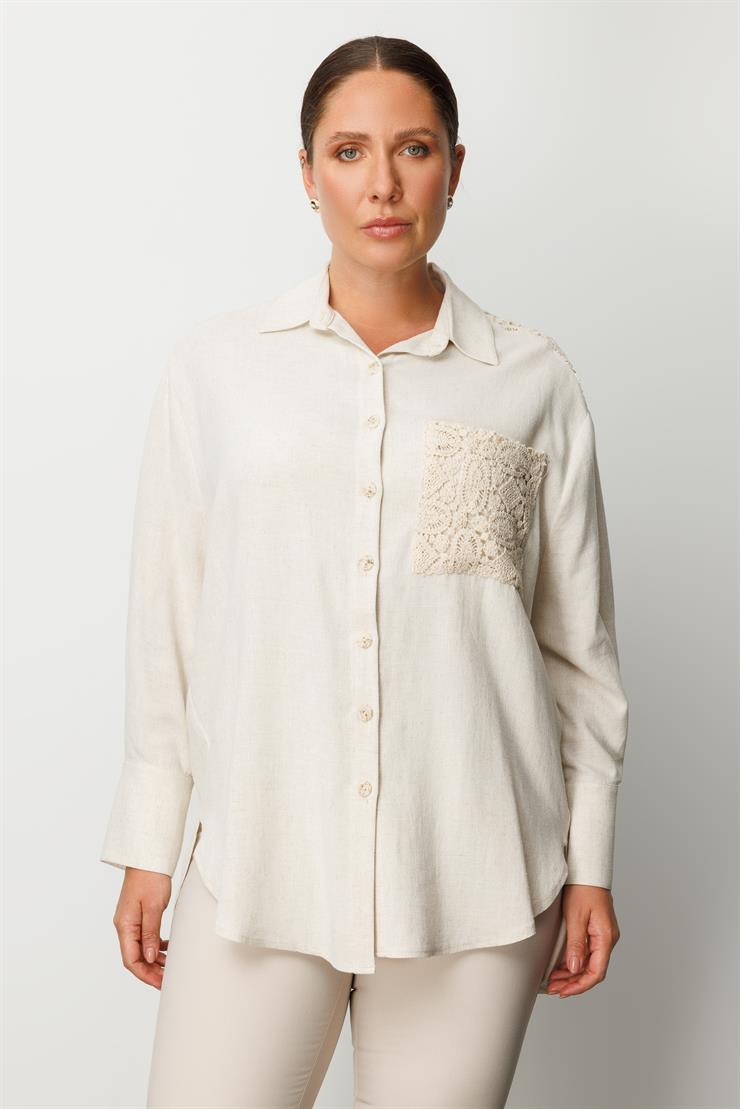 Modailgi  Robası ve Cebi Güpür Detaylı Oversize Keten Gömlek Taş
