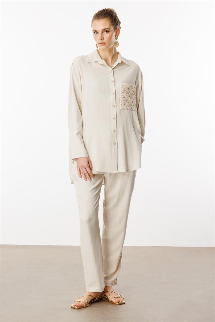 Modailgi  Robası ve Cebi Güpür Detaylı Oversize Keten Gömlek Orijinal