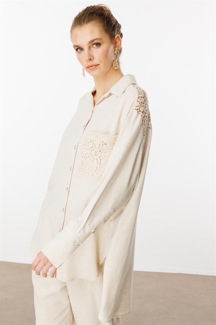 Modailgi  Robası ve Cebi Güpür Detaylı Oversize Keten Gömlek Orijinal