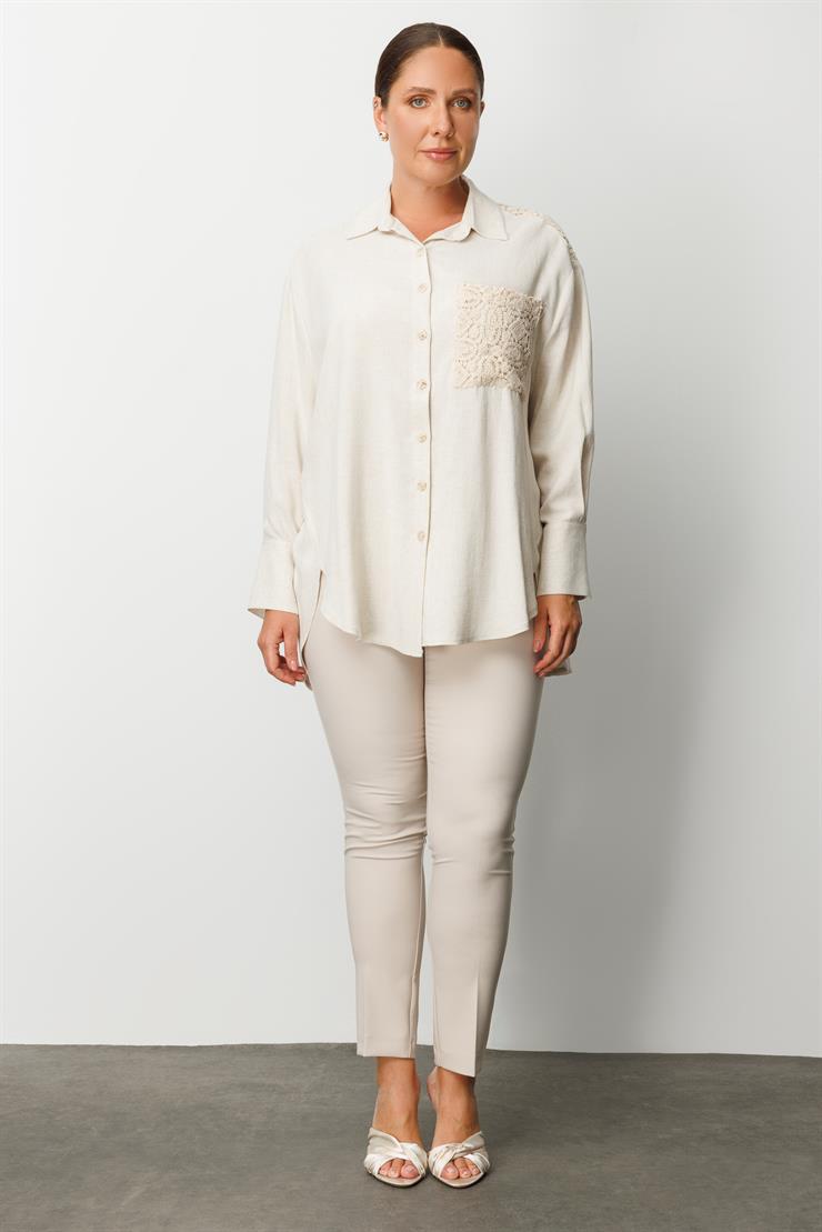 Modailgi  Robası ve Cebi Güpür Detaylı Oversize Keten Gömlek Taş