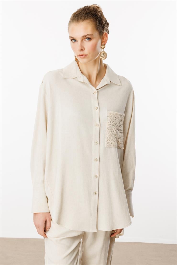 Modailgi  Robası ve Cebi Güpür Detaylı Oversize Keten Gömlek Orijinal