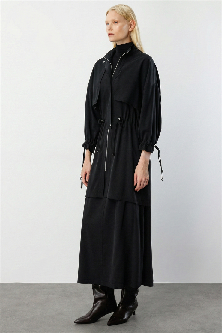 Modailgi  Rüzgarlıklı Beli Büzgülü Tunik Siyah