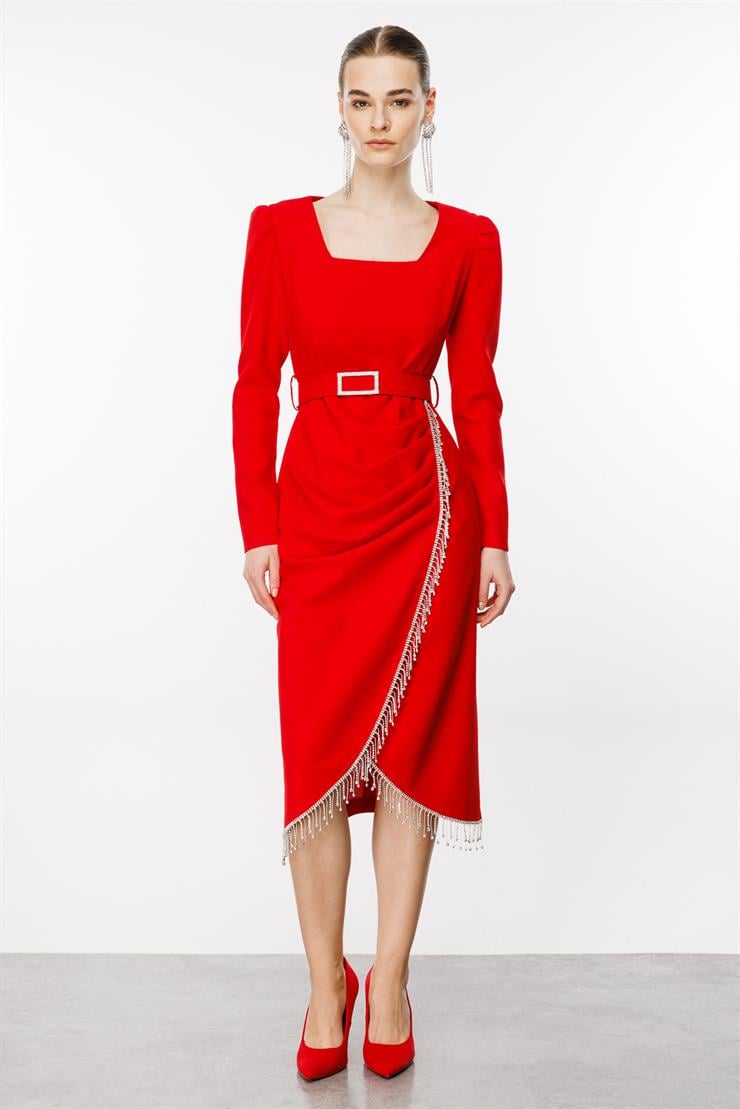 Modailgi  Saçak Taş Detaylı Anvelop Elbise Kırmızı