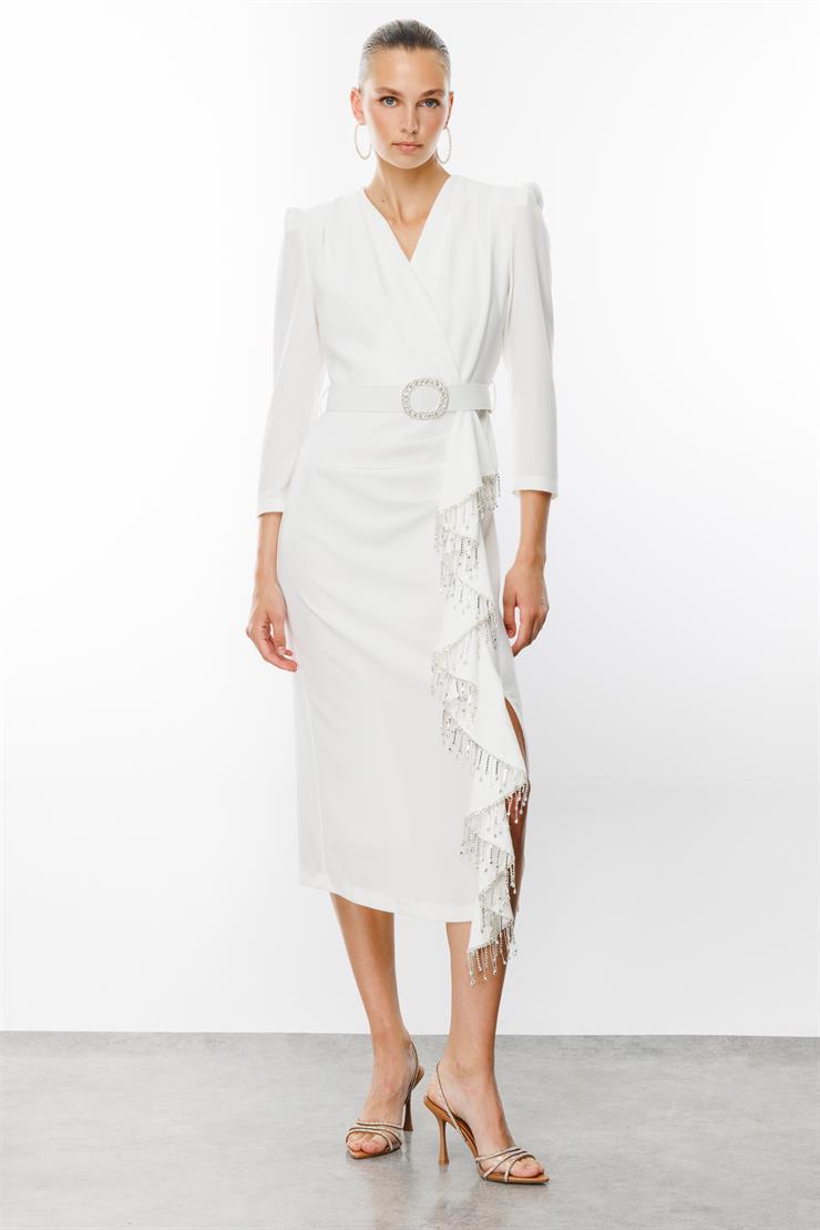 Modailgi  Saçak Taşlı Kruvaze Elbise Ekru