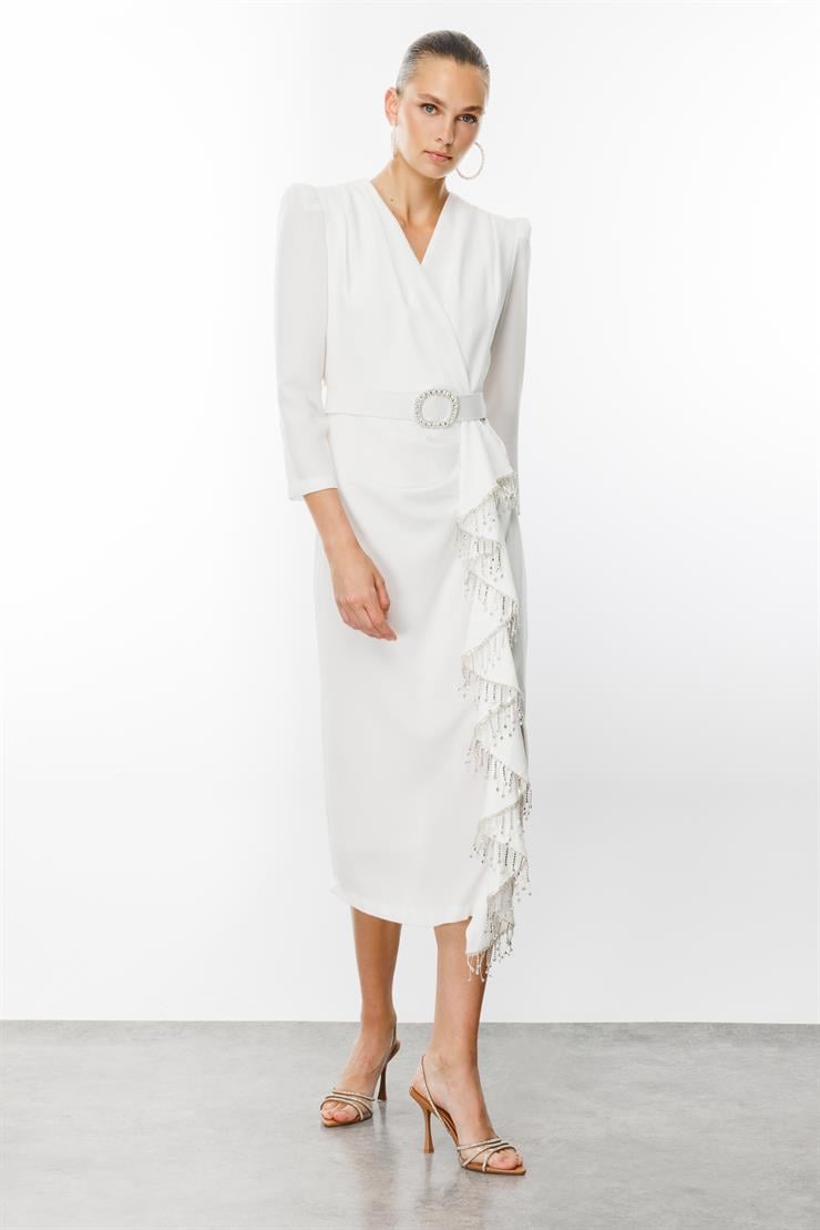 Modailgi  Saçak Taşlı Kruvaze Elbise Ekru