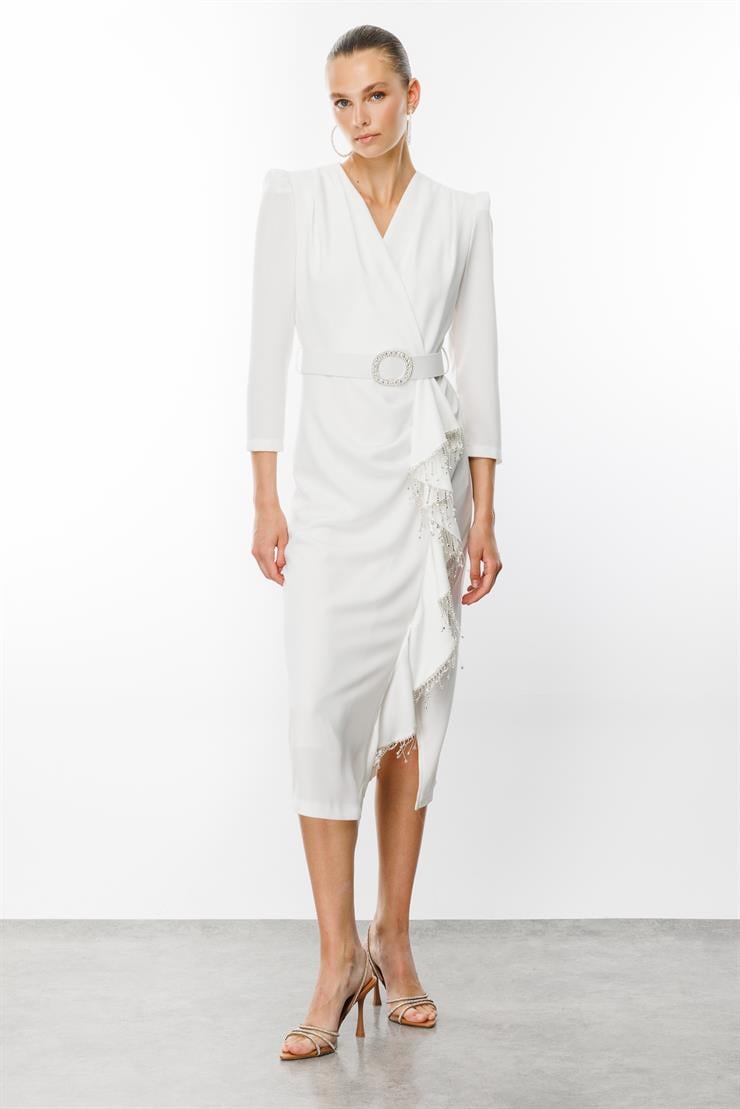 Modailgi  Saçak Taşlı Kruvaze Elbise Ekru