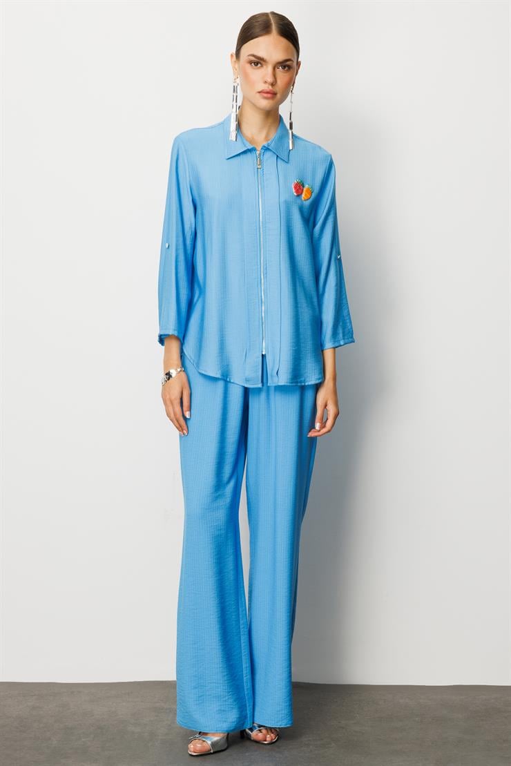 Modailgi  Safari Kol Önü Fermuar Kapamalı Aksesuar Detaylı Rahat Kesim Gömlek Mavi