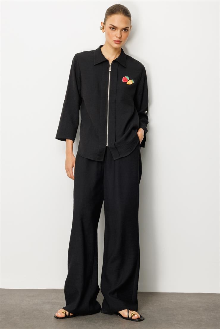 Modailgi  Safari Kol Önü Fermuar Kapamalı Aksesuar Detaylı Rahat Kesim Gömlek Siyah