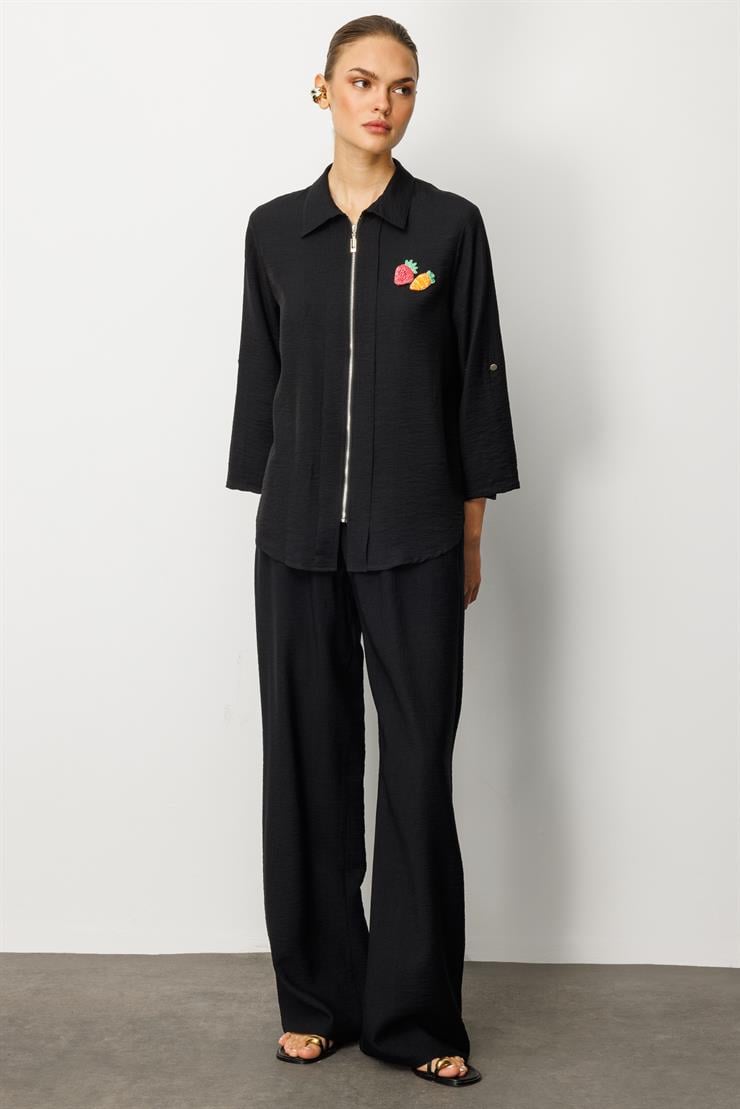 Modailgi  Safari Kol Önü Fermuar Kapamalı Aksesuar Detaylı Rahat Kesim Gömlek Siyah