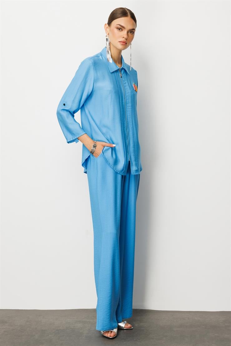 Modailgi  Safari Kol Önü Fermuar Kapamalı Aksesuar Detaylı Rahat Kesim Gömlek Mavi