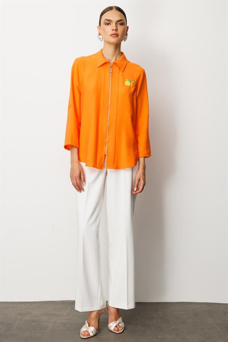 Modailgi  Safari Kol Önü Fermuar Kapamalı Aksesuar Detaylı Rahat Kesim Gömlek Orange