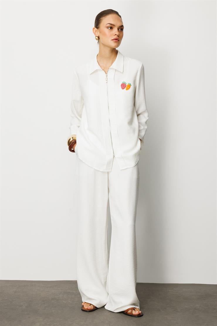 Modailgi  Safari Kol Önü Fermuar Kapamalı Aksesuar Detaylı Rahat Kesim Gömlek Ekru