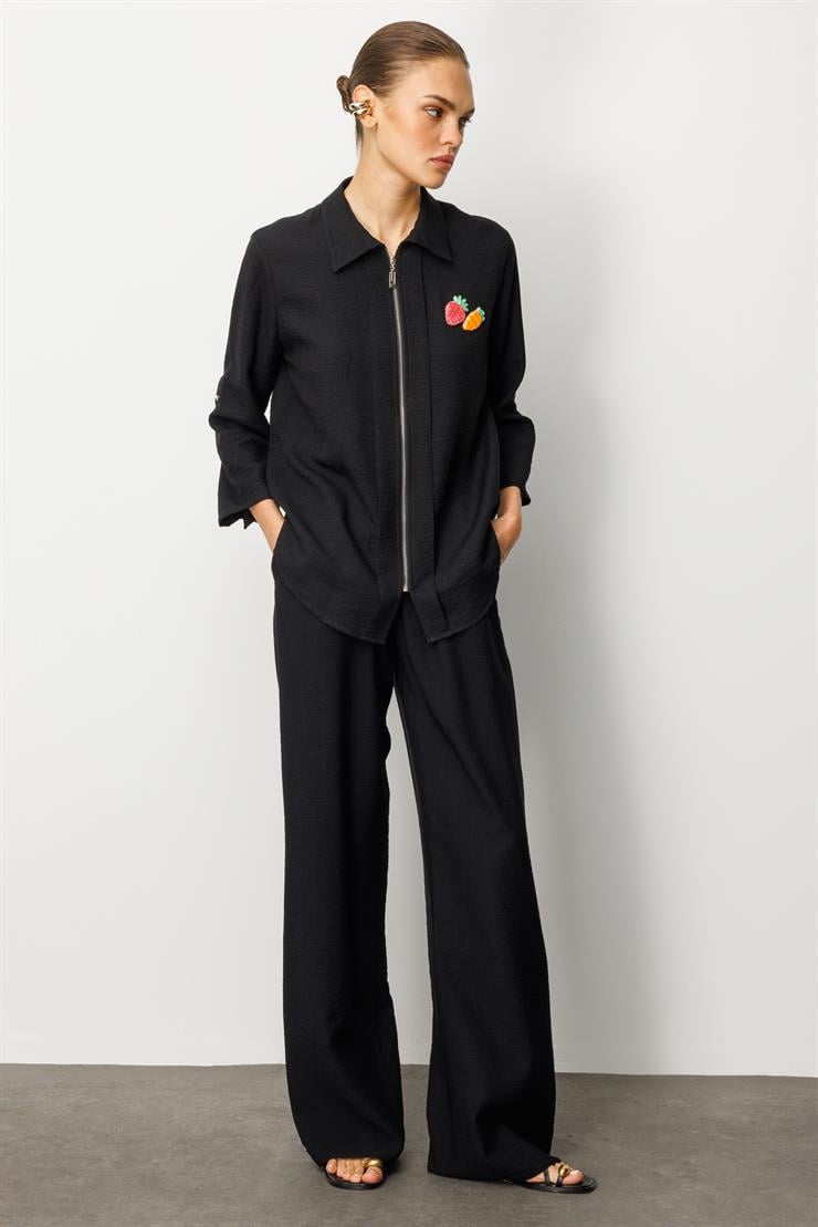 Modailgi  Safari Kol Önü Fermuar Kapamalı Aksesuar Detaylı Rahat Kesim Gömlek Siyah