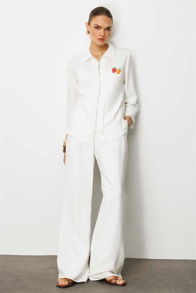 Modailgi  Safari Kol Önü Fermuar Kapamalı Aksesuar Detaylı Rahat Kesim Gömlek Ekru