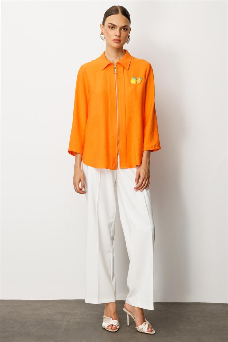 Modailgi  Safari Kol Önü Fermuar Kapamalı Aksesuar Detaylı Rahat Kesim Gömlek Orange