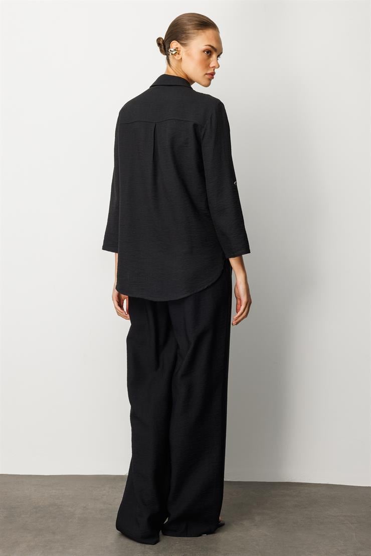 Modailgi  Safari Kol Önü Fermuar Kapamalı Aksesuar Detaylı Rahat Kesim Gömlek Siyah