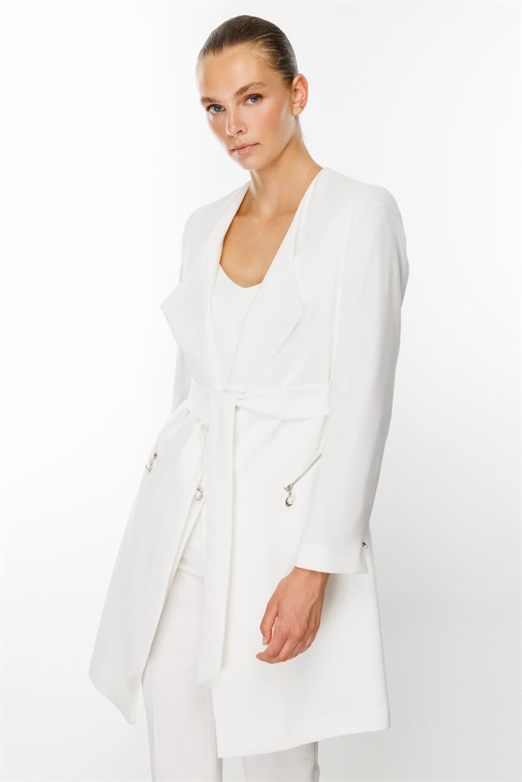 Modailgi  Şal Yaka Belden Kuşaklı Uzun Ceket Ekru