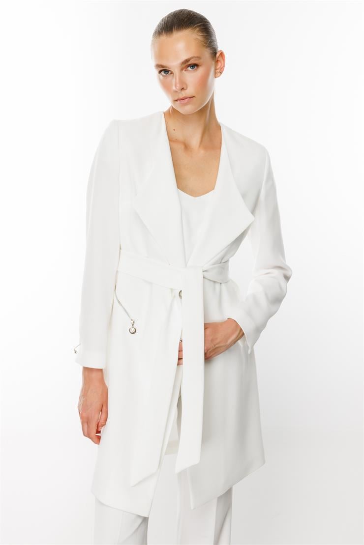 Modailgi  Şal Yaka Belden Kuşaklı Uzun Ceket Ekru
